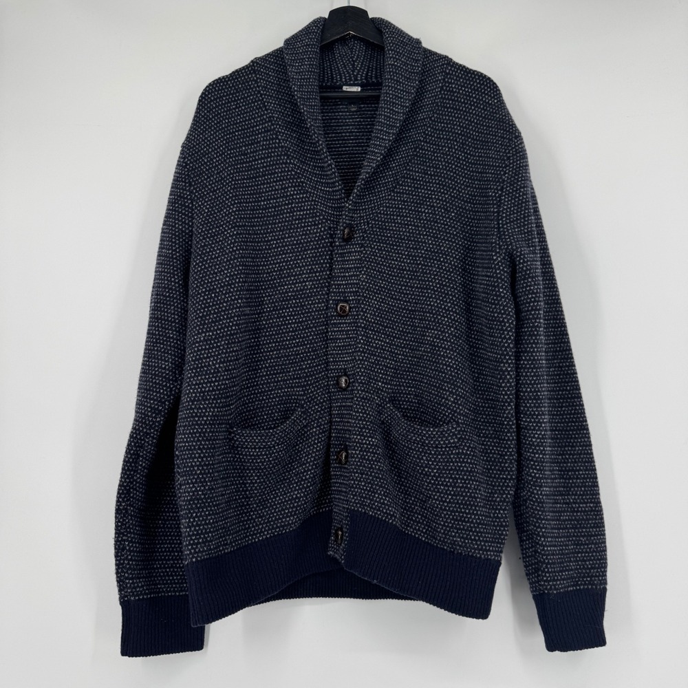 J.Crew Mens Large Shawl Collar Birdseye Button Cardigan 100% Lambswool Blue